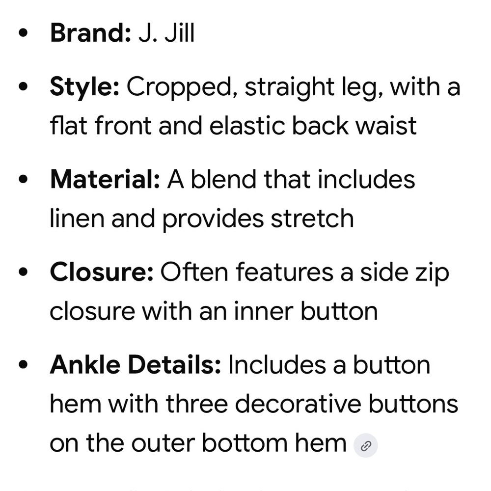 J. Jill Linen Stretch Black Crop Pant Button Ankle Detail Flat Front Elastic Bac - Picture 8 of 8